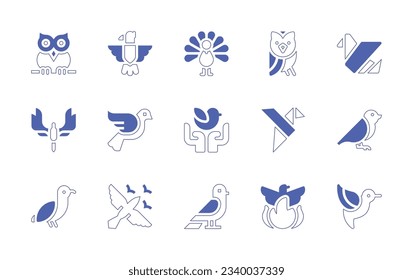 Bird icon set. Duotone style line stroke and bold. Vector illustration. Containing owl, eagle, peacock, snow owl, art and design, phoenix, dove, bird, origami, seagull, birds, hummingbird.