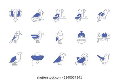 Bird icon set. Duotone style line stroke and bold. Vector illustration. Containing phoenix, cardinal, parrot, bird of paradise, bird, red crowned crane, chicken, nest, disguise, animal, bullfinch.