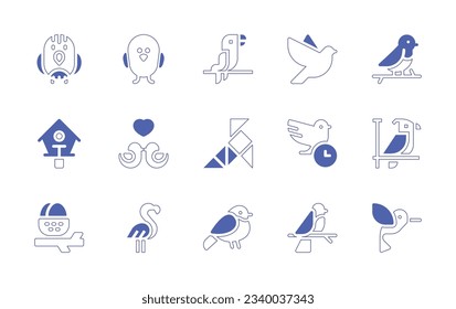 Bird icon set. Duotone style line stroke and bold. Vector illustration. Containing bird, chicken, parrot, dove, bird house, birds, early, flamingo, bullfinch, hummingbird.