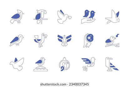 Bird icon set. Duotone style line stroke and bold. Vector illustration. Containing blue jay, parrot, peace, birds, swallow, canary, bird, dove, owl, seagull, raven.