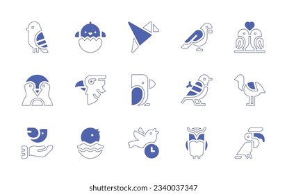 Bird icon set. Duotone style line stroke and bold. Vector illustration. Containing bird, chick, origami, birds, penguin, eagle, ostrich, peace, chicken, early, owl, hornbill.