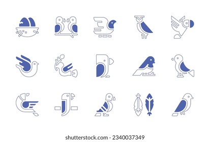 Bird icon set. Duotone style line stroke and bold. Vector illustration. Containing egg, bird, pigeon, owl, parrot, feather, sparrow.