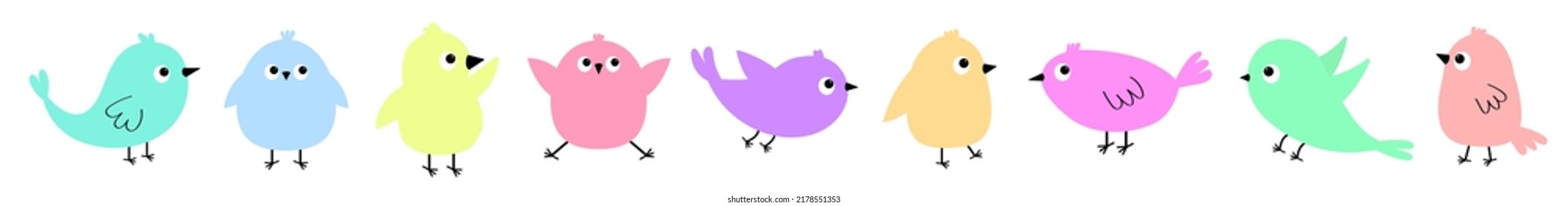 Bird icon set line. Cute kawaii cartoon funny baby character. Birds collection. Decoration element. Pastel color sticker. Flat design. Isolated. White background. Vector illustration