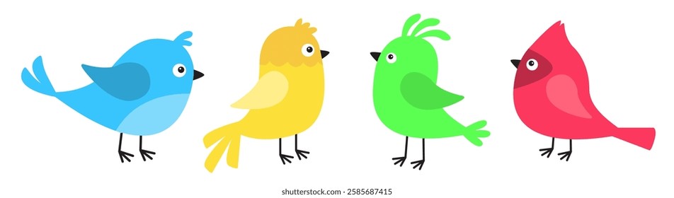 Bird icon set line. Cute kawaii cartoon funny baby character. Different color birds collection. Colorful sticker decoration print. Childish style. Flat design. Isolated. White background. Vector