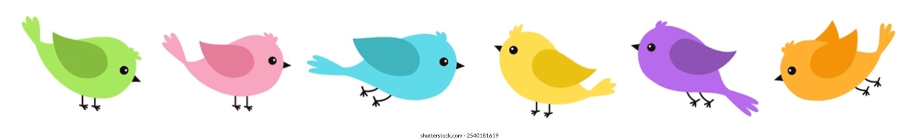 Bird icon set line. Different color birds collection. Cute kawaii cartoon funny character. Colorful sticker print. Childish style. Decoration element. Flat design. Isolated. White background. Vector
