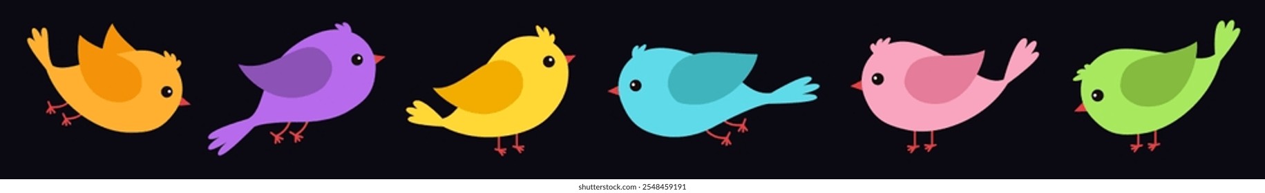 Bird icon set line. Different color birds collection. Cute kawaii cartoon funny character. Colorful sticker print. Childish style. Decoration element. Flat design. Black background. Isolated. Vector