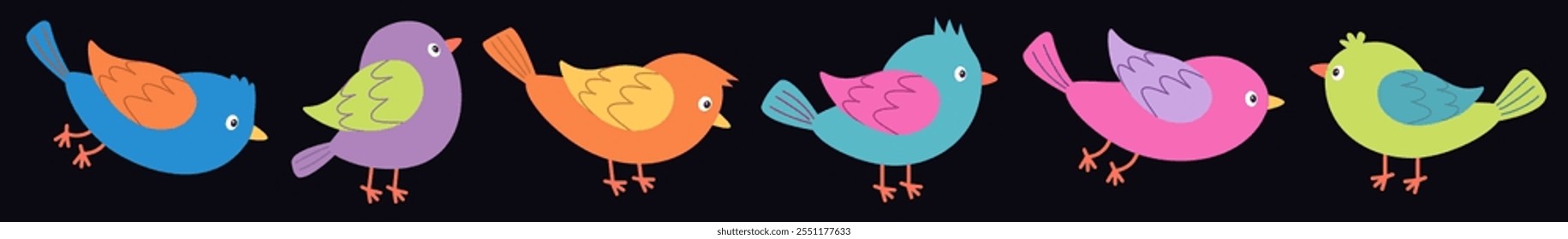 Línea de conjunto de iconos de pájaro. Colección de aves de diferentes colores. Caricatura kawaii linda del bebé divertido. Impresión colorida de la decoración de la etiqueta engomada. Estilo infantil. Diseño plano. Aislado. Fondo negro. Vector