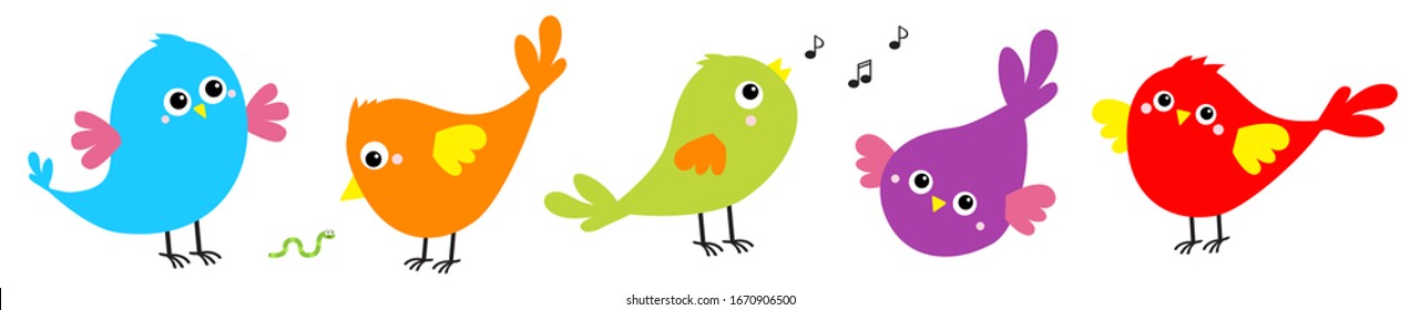 Bird icon set line. Toe trail trace sign track. Cute cartoon kawaii character. Birds baby collection. Decoration element. Singing song. Worm insect, music note. Flat design. White background. Vector