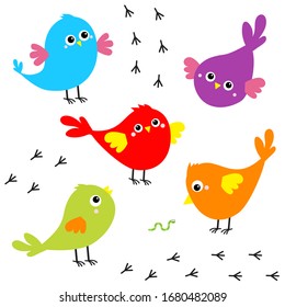 Bird icon set. Toe trail trace sign track. Cute cartoon kawaii colorful character. Birds baby collection. Decoration element. Singing song. Worm insect, music note. Flat design White background Vector