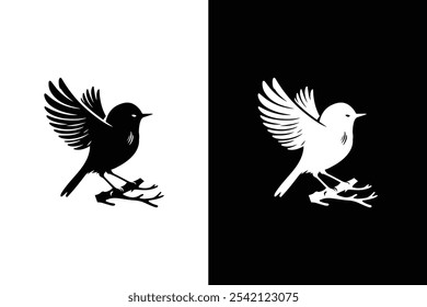 Icono de pájaro. Icono del pájaro, silueta, logotipo en el fondo negro blanco