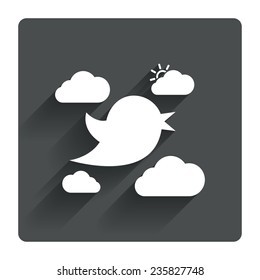 Bird icon. Social media sign. Short messages twitter retweet symbol. Clouds with sun. Gray flat square button with shadow. Modern UI website navigation. Vector