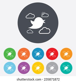 Bird icon. Social media sign. Short messages symbol. Clouds with sun. Round colourful 11 buttons. Vector