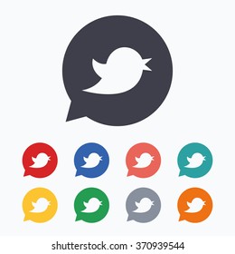 Bird icon. Social media sign. Short messages symbol. Speech bubble. Colored flat icons on white background.