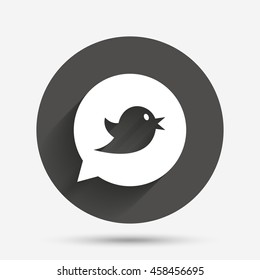 Bird icon. Social media sign. Short messages speech bubble symbol. Circle flat button with shadow. Vector