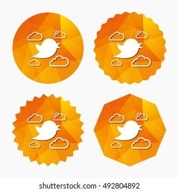 Bird icon. Social media sign. Short messages symbol. Clouds with sun. Triangular low poly buttons with flat icon. Vector