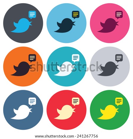 Bird icon. Social media sign. Short messages twitter retweet symbol. Speech bubble. Colored round buttons. Flat design circle icons set. Vector