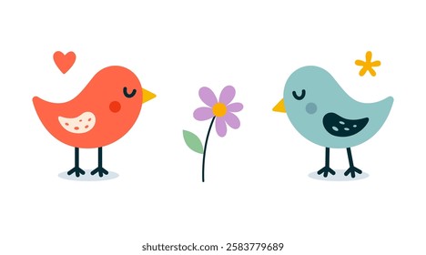 Bird icon. Bird sticker. Wildlife. Wild. Cartoon bird. Animal sign. Child character. Sticker. Flying animal. Children's book. Spring. Valentine's day. Birds with flower. Poster. Cute birds. Nature