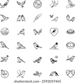 Bird Icons Flight, Nesting, Love, Nature, Spring, Symbols, Line Art, Collection, Illustrations, Desi