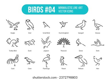 Bird Icons – Pack with eighteen types of birds with names. Trendy vector symbols suitable for website, apps and UI kit