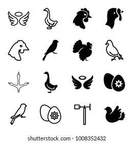 Bird icons. set of 16 editable filled and outline bird icons such as turkey, goose, sparrow, wings, bird, easter egg, dove, chicken, weather vane