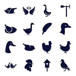 Bird Icons Set. Set Of 16 Bird Filled Icons Such As Chicken, Goose, Dove, Rooster, Wings, Weather Vane, Nesting House, Lovebirds