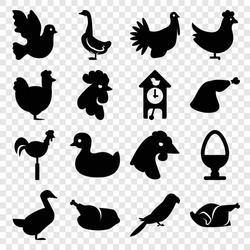 Bird Icons Set. Set Of 16 Bird Filled Icons Such As Chicken, Goose, Rooster, Parrot, Duck, Meat Leg, Weather Vane, Turkey, Egg, Cuckoo Clock