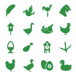 Bird Icons Set. Set Of 16 Bird Filled Icons Such As Chicken, Footprint Of  Icobird, Goose, Duck, Meat Leg, Weather Vane, Nesting House, Love Bird, Easter Egg, Egg