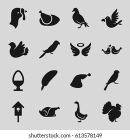 Bird icons set. set of 16 bird filled icons such as turkey, dove, goose, parrot, sparrow, wings, chicken, meat leg, nesting house, bird, egg