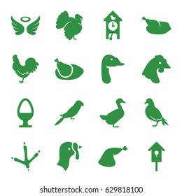 Bird icons set. set of 16 bird filled icons such as turkey, dove, footprint of  icobird, parrot, chicken, goose, wings, meat leg, nesting house, egg