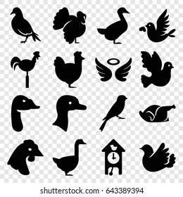 Bird icons set. set of 16 bird filled icons such as goose, dove, chicken, sparrow, turkey, wings, weather vane