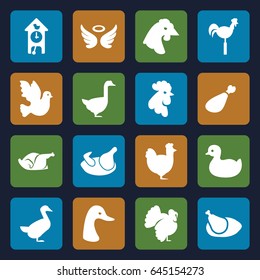 Bird icons set. set of 16 bird filled icons such as chicken, goose, rooster, turkey, duck, wings, meat leg, weather vane, cuckoo clock