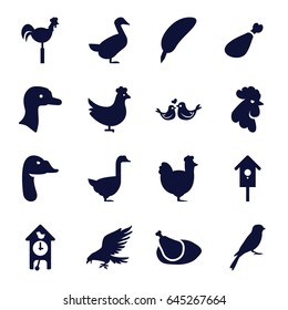 Bird icons set. set of 16 bird filled icons such as chicken, goose, eagle, rooster, sparrow, meat leg, weather vane, nesting house, lovebirds, cuckoo clock