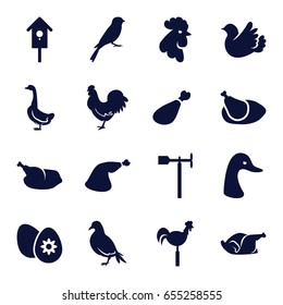 Bird icons set. set of 16 bird filled icons such as dove, goose, rooster, chicken, sparrow, meat leg, weather vane, nesting house, bird