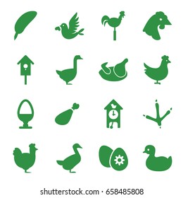 Bird icons set. set of 16 bird filled icons such as chicken, footprint of  icobird, goose, duck, meat leg, weather vane, nesting house, love bird, easter egg, egg