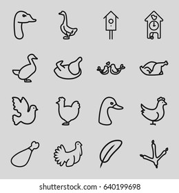 Bird icons set. set of 16 bird outline icons such as goose, footprint of  icobird, chicken, meat leg, nesting house, lovebirds, turkey, cuckoo clock, feather