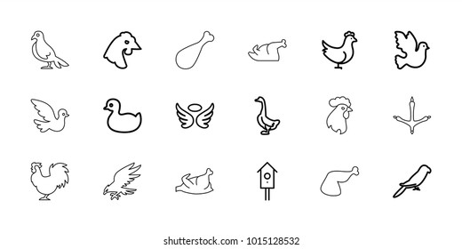 Bird icons. set of 18 editable outline bird icons: chicken, goose, parrot, duck, wings, bird, nesting house, dove, eagle, footprint of  icobird, rooster