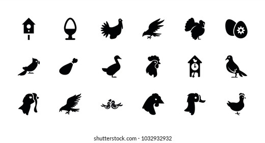 Bird icons. set of 18 editable filled bird icons: eagle, chicken, turkey, goose, meat leg, easter egg, egg, cuckoo clock, dove, rooster, parrot, nesting house