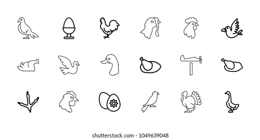 Bird icons. set of 18 editable outline bird icons: footprint of  icobird, goose, chicken, easter egg, egg, turkey, dove, rooster, sparrow
