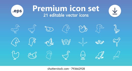 Bird icons. set of 21 editable outline bird icons includes chicken, turkey, eagle, goose, wings, weather vane, bird, lovebirds, egg, rooster