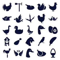 Bird Icons Set. Set Of 25 Bird Filled Icons Such As Chicken, Goose, Footprint Of  Icobird, Sparrow, Duck, Wings, Meat Leg, Weather Vane, Bird, Turkey, Easter Egg, Egg