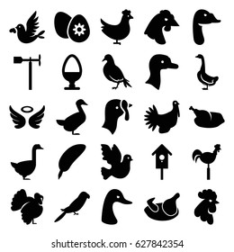 Bird icons set. set of 25 bird filled icons such as chicken, goose, turkey, dove, rooster, parrot, wings, weather vane, nesting house, easter egg, egg