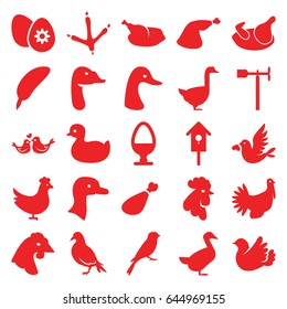 Bird icons set. set of 25 bird filled icons such as chicken, goose, dove, footprint of  icobird, rooster, sparrow, duck, meat leg, weather vane, nesting house, bird, turkey
