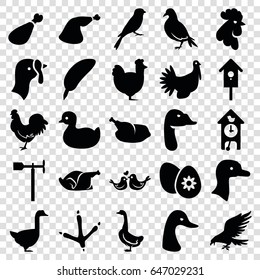 Bird icons set. set of 25 bird filled icons such as goose, turkey, dove, eagle, footprint of  icobird, rooster, chicken, sparrow, duck, meat leg, weather vane, nesting house