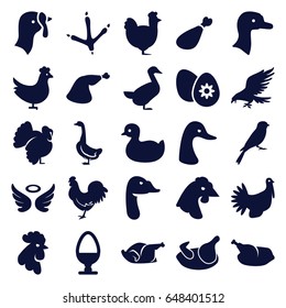 Bird icons set. set of 25 bird filled icons such as chicken, goose, turkey, eagle, footprint of  icobird, rooster, sparrow, duck, wings, meat leg, easter egg