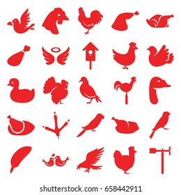 Bird icons set. set of 25 bird filled icons such as chicken, dove, eagle, footprint of  icobird, parrot, sparrow, turkey, goose, duck, wings, meat leg, weather vane