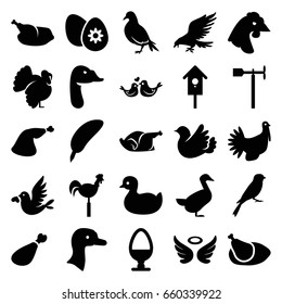 Bird icons set. set of 25 bird filled icons such as goose, dove, eagle, chicken, sparrow, turkey, duck, wings, meat leg, weather vane, nesting house, bird, easter egg, egg