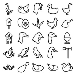 Bird Icons Set. Set Of 25 Bird Outline Icons Such As Dove, Eagle, Goose, Footprint Of  Icobird, Chicken, Turkey, Duck, Meat Leg, Weather Vane, Nesting House, Bird, Easter Egg