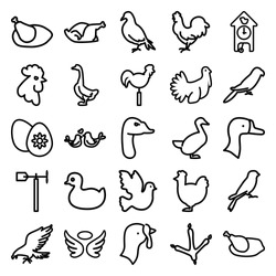 Bird Icons Set. Set Of 25 Bird Outline Icons Such As Dove, Eagle, Footprint Of  Icobird, Goose, Rooster, Parrot, Chicken, Sparrow, Turkey, Duck, Wings, Weather Vane, Lovebirds