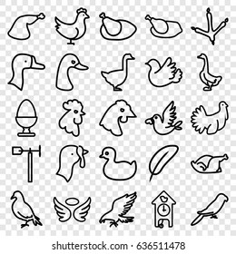 Bird icons set. set of 25 bird outline icons such as dove, eagle, goose, footprint of  icobird, rooster, parrot, chicken, turkey, duck, wings, meat leg, weather vane, egg