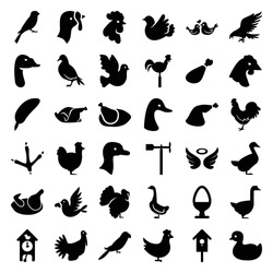 Bird Icons Set. Set Of 36 Bird Filled Icons Such As Chicken, Goose, Turkey, Dove, Eagle, Footprint Of  Icobird, Rooster, Parrot, Sparrow, Duck, Wings, Meat Leg, Weather Vane